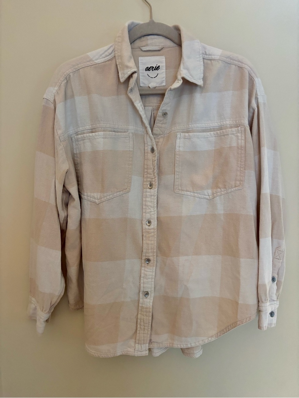 Aerie Anytime Fave Beige & Cream Plaid Flannel Button-down Collared Shirt Small